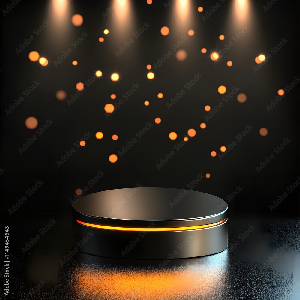 Poster modern dark stage with floating lights and circular podium for presentation or show