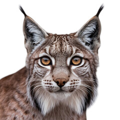 Obraz premium A stock image of a lynx's face with its eyes wide open. The lynx has a white hair pattern around its eyes and a dark brown coat. The background is white. 