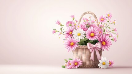 Obraz premium Charming of asters in a beige rattan basket with a cute bow, placed against a soft light-colored backgrounds, ideal for joyful and feminine designs.