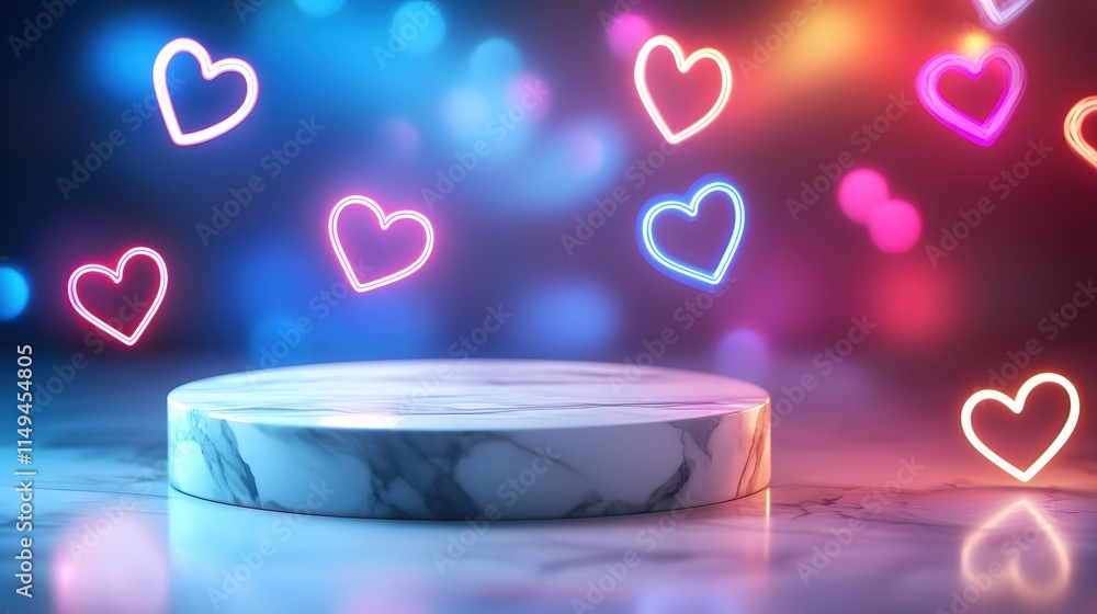 Poster romantic display platform with colorful heart lights in soft focus background