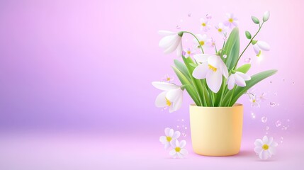 Obraz premium Charming snowdrop in a cute light yellow pot, placed on a violet backgrounds with soft lighting, capturing a modern and elegant look.