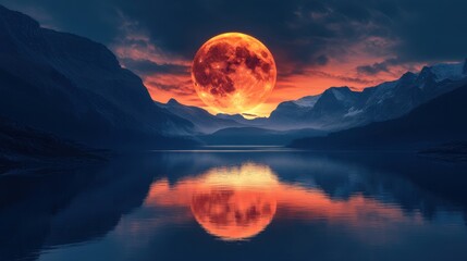 Dramatic Sunset Over Mountains and Reflections on Calm Water