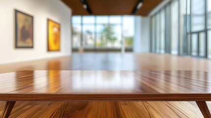 Fototapeta premium Modern Art Gallery Interior with Blurred Background and Elegant Wooden Table