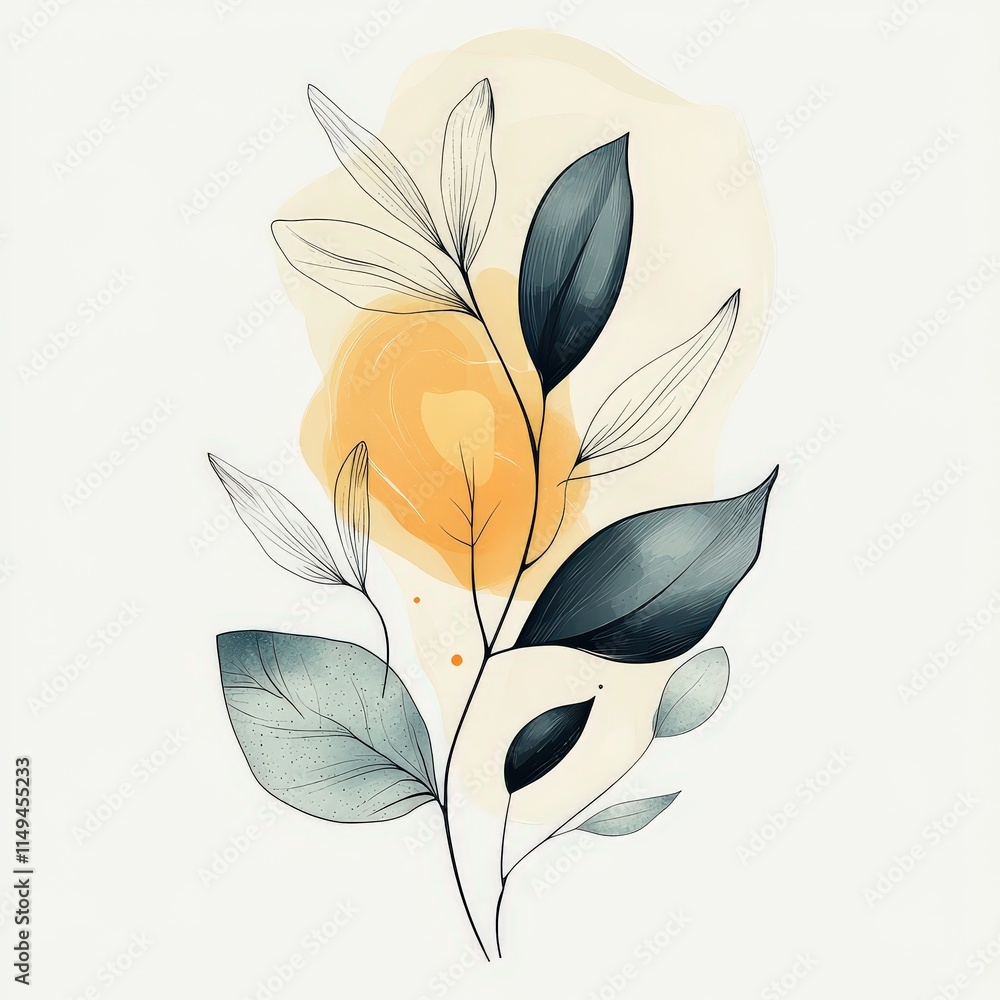 Poster contemporary botanical art showcasing linear foliage drawings intertwined with soft abstract shapes,
