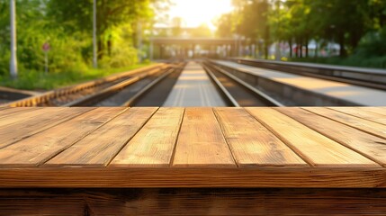 Sunset Over Train Tracks with a Wooden Table Surface in the Foreground