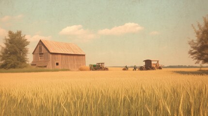 Harvesting Memories: Nostalgic 1920s Farm Scene with Vintage Tractor, Rustic Barn, and Farmers in Golden Wheat Field