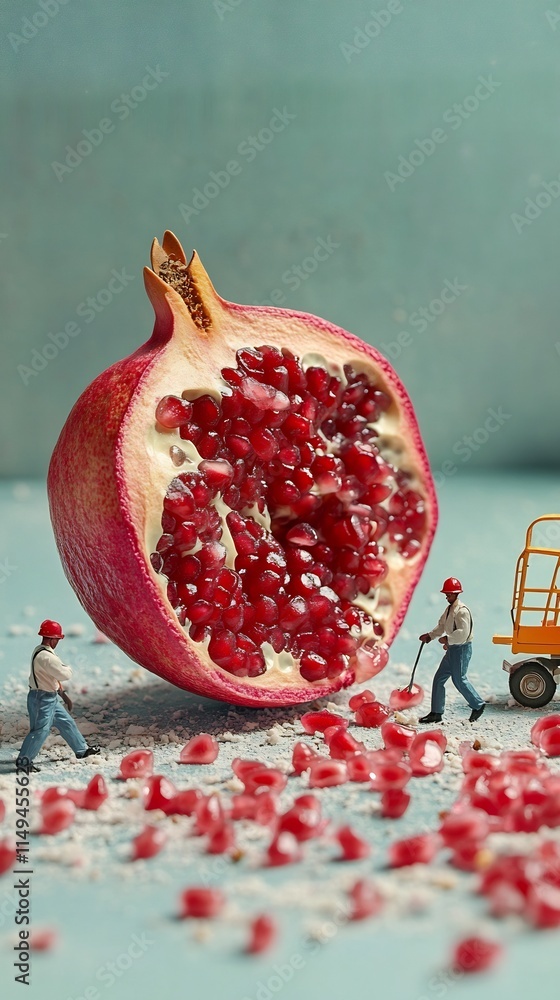 Poster close up pomegranate slices with workers pushing cart in solid color setting