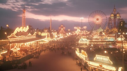 Obraz premium Twilight Delights at 1920s Carnival: Colorful Rides and Festive Fun under Sparkling Lights