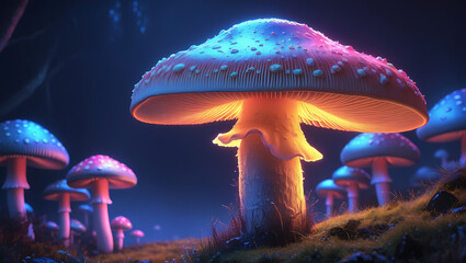  beautiful Agaricus bisporus mushroom in fairy background, created by generative ai