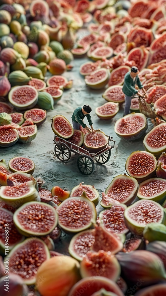 Poster close up of fresh fig slices with workers pushing cart in background