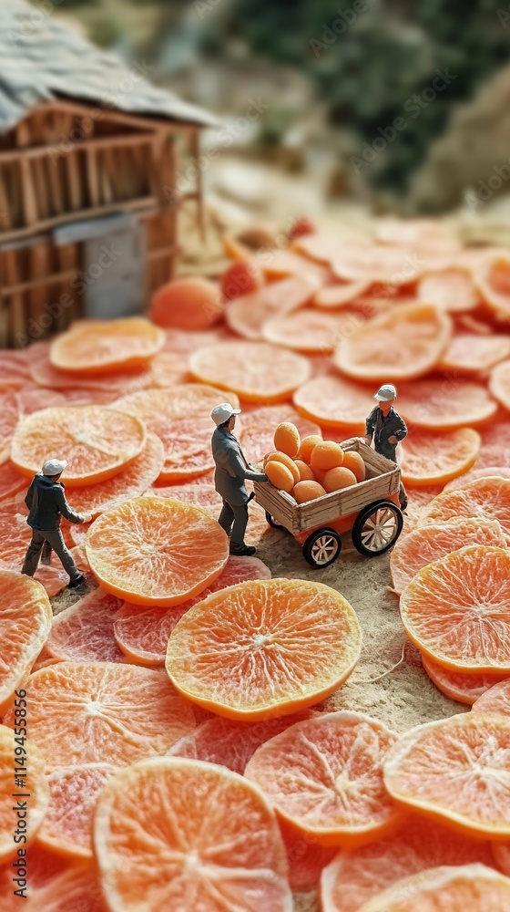 Poster miniature workers transporting apricot slices on colorful backdrop