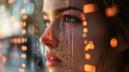 Young caucasian female faces digital futuristic interface with orange light patterns