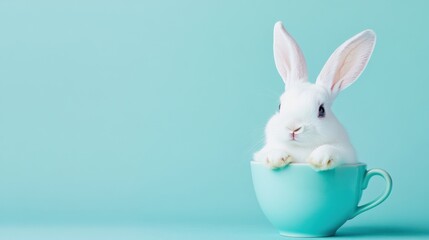 Cute White Rabbit Sitting in a Mint Colored Teacup on Light Background