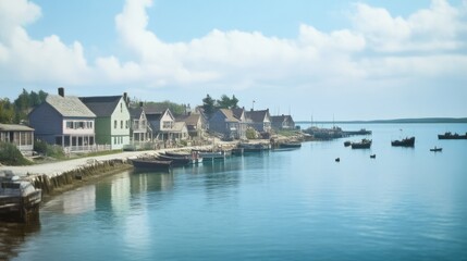 Fototapeta premium Nostalgic Charm of a 1920s Coastal Village: Vintage Cottages, Fishermen at Work, and Family Fun by the Shoreline