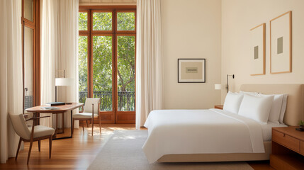 Fototapeta premium A serene bedroom featuring large window with natural light, comfortable bed, and stylish wooden desk. calming atmosphere invites relaxation and tranquility