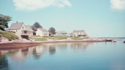 Fototapeta premium Nostalgic Charm of a 1920s Coastal Town: Vintage Cottages, Fishermen, and Family Fun by the Water
