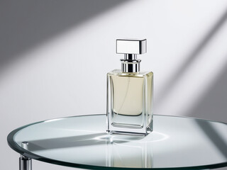 Modern Silver Perfume Bottle on Glass Table 