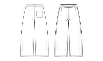 Sweatpants technical fashion illustration. sweatpants vector template illustration. front and back view. relaxed fit. Elastic waistband. casual athleisure wear. white color. CAD mockup.