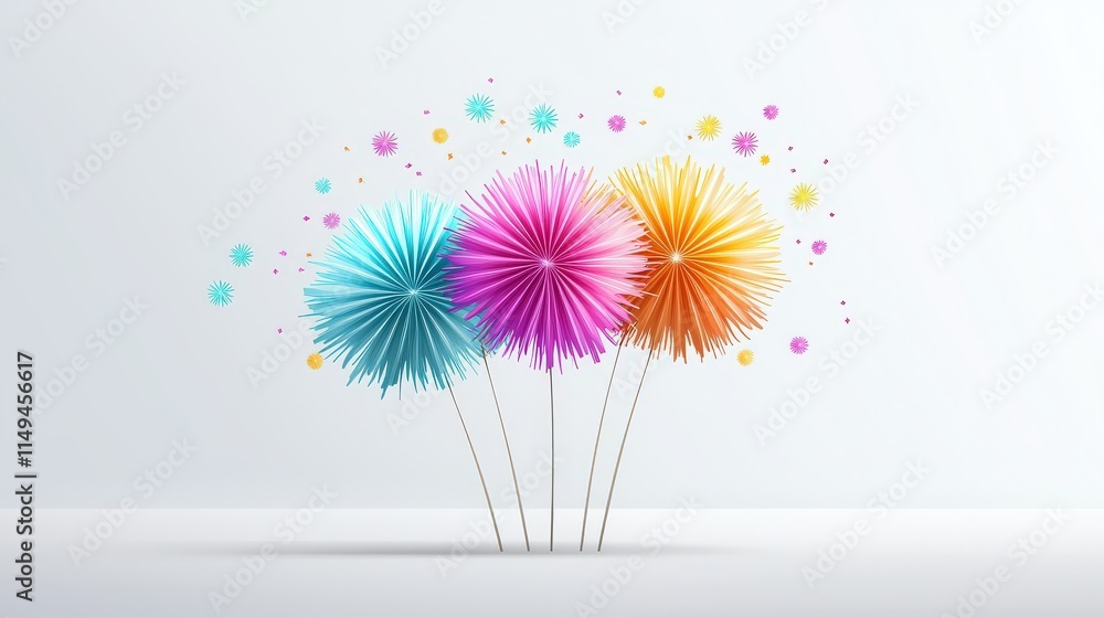 Poster minimalist design of colorful fireworks exploding symmetrically on a pristine white backgrounds, ide