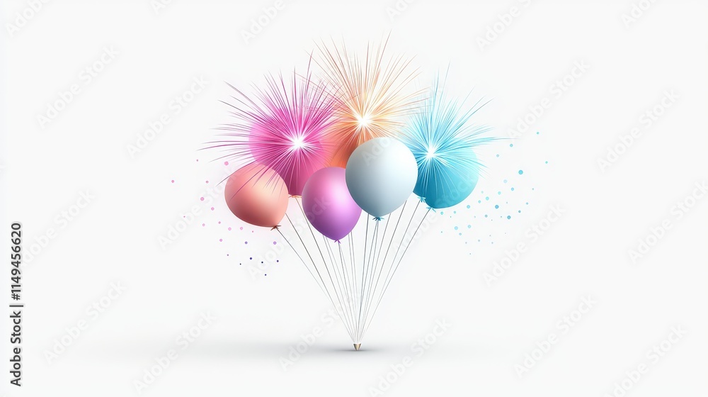 Poster minimalist design of colorful fireworks exploding symmetrically on a pristine white backgrounds, ide