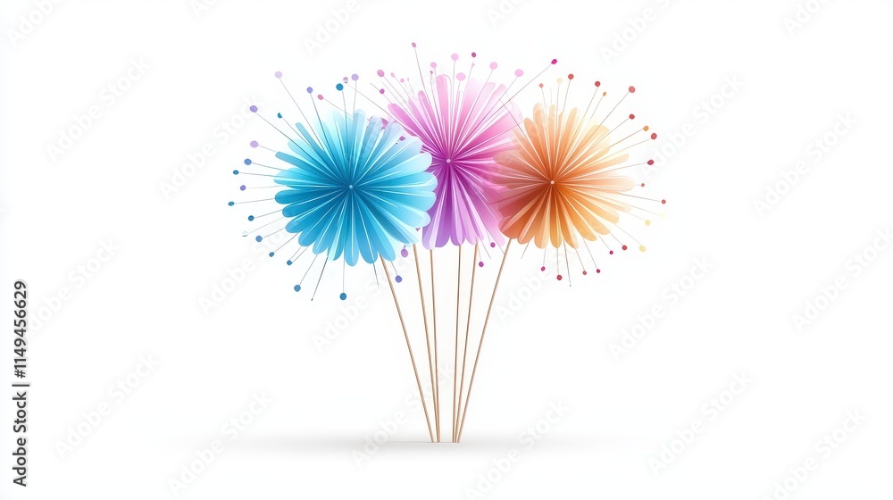 Poster minimalist design of colorful fireworks exploding symmetrically on a pristine white backgrounds, ide