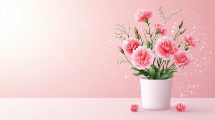 Fototapeta premium Minimalist carnations in a cute pastel-colored pot, contrasting gently against a light pink-lit backgrounds, creating a soft and joyful vibe.