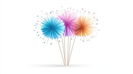 Minimalist   design of colorful fireworks exploding symmetrically on a pristine white backgrounds, ideal for holiday graphics.