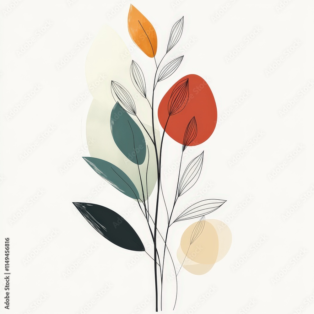 Poster modern botanical wall art design with minimalistic foliage line drawings overlaid with abstract geom