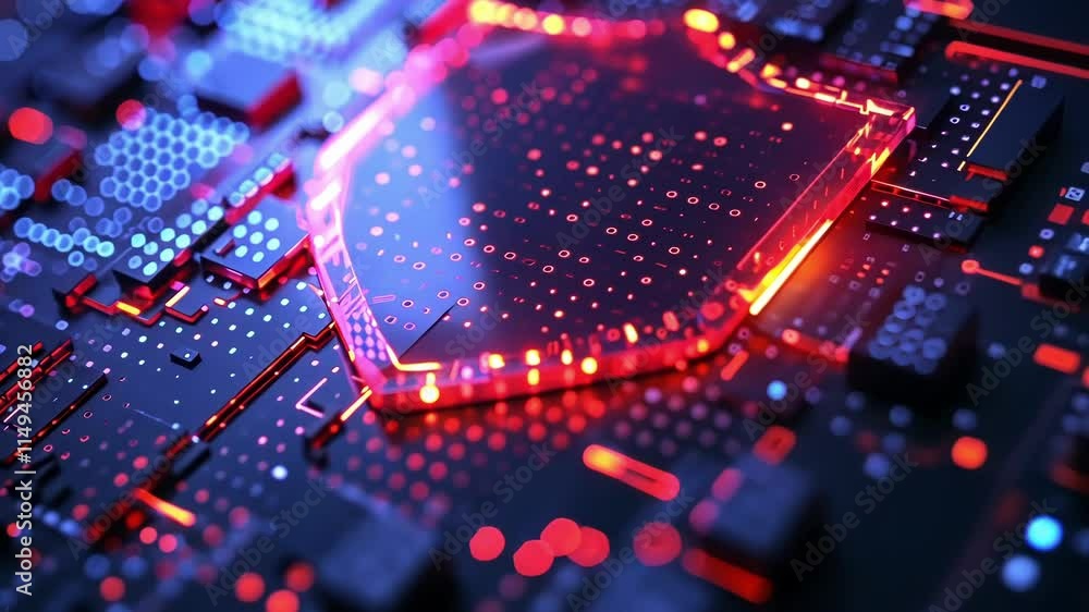 Poster binary code flowing through glowing transparent shield hovering over futuristic circuit board, repre