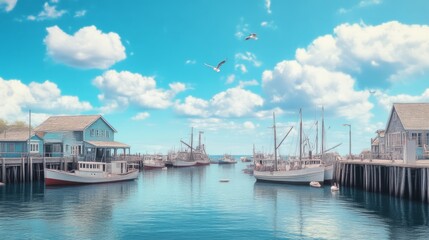 Fototapeta premium Serene Setting of a 1920s Fishing Village with Colorful Boats, Fishermen, and Seagulls in Harbor under Blue Sky