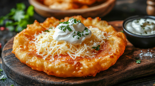 Golden fried l&aacute;ngos with sour cream and cheese garnish on rustic wooden platter