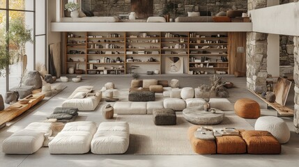 Spacious loft interior with modular seating, stone walls, and large windows.