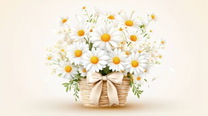 Sweet   bouquet of asters in a cute beige rattan basket with a bow, arranged on a soft light-colored backgrounds, perfect for elegant floral art.
