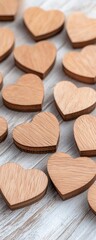 A collection of wooden heart shapes arranged on a textured surface, evoking warmth and affection.