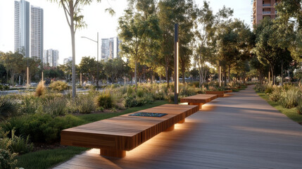 A serene urban park scene featuring modern wooden benches illuminated softly at dusk. Lush greenery and city buildings create tranquil atmosphere for relaxation