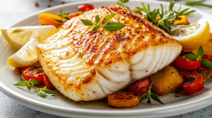 Grilled halibut with roasted vegetables and lemon garnish