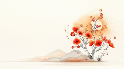 Watercolor illustration of a rare desert flower in a minimalist desert scene, complemented by a stylized sunburst in warm tones, capturing a sense of tranquility and rarity.
