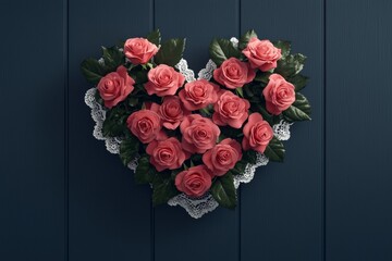 A heart-shaped arrangement of pink roses surrounded by green leaves and lace, set against a dark wooden background.