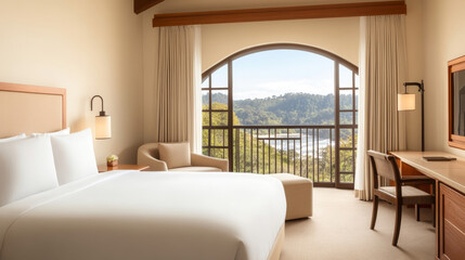 Fototapeta premium A serene hotel room featuring large bed, comfortable seating, and stunning view through an arched window. natural light enhances peaceful atmosphere, perfect for relaxation