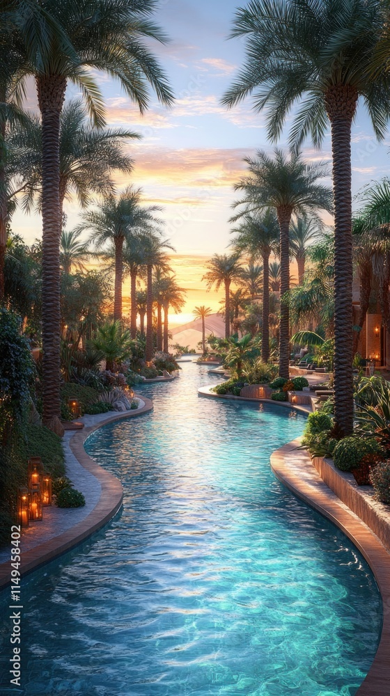Poster serene sunset view of a lazy river winding through a lush oasis with palm trees.