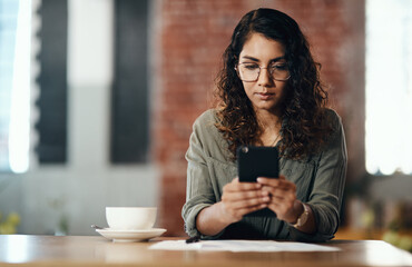 Typing, phone and woman in coffee shop for remote work, communication or networking with online chat. Notes, contact and freelance consultant in cafe with smartphone, research or business connection