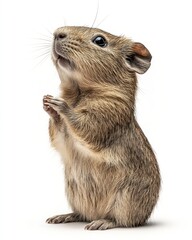A cute gerbil standing upright with its paws together, resembling a praying posture.