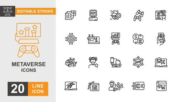 Metaverse line editable icon set. Virtual, blockchain, digital, reality, cyberspace, game and more line icons.