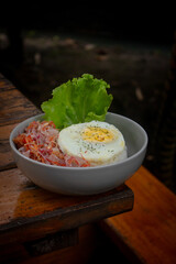 rice with chicken, egg, indonesian spicy sambal matah