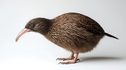 Small brown kiwi bird in profile view against white background.