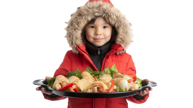 A little girl holding a food plate on transparent Background