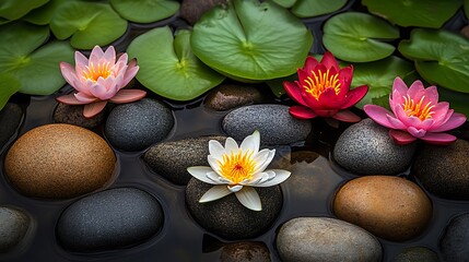 Fototapeta premium Natural arrangement of bright pebbles surrounded by water lilies in a serene pond, reflecting the vibrant greens of nearby plants.