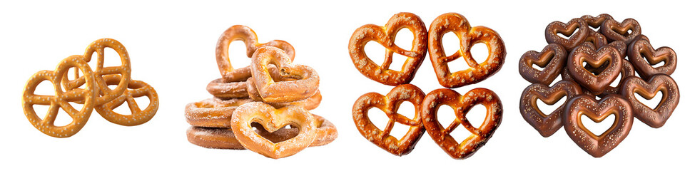Set of pretzels in the shape of hearts, isolated on a transparent background.