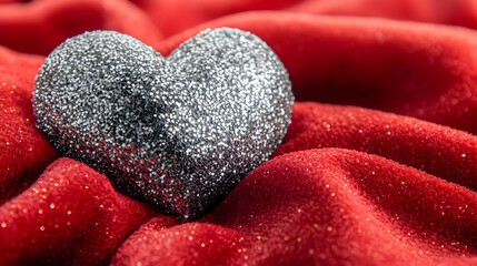 Fototapeta premium Silver Glitter Heart on Red Fabric - Romantic Illustration