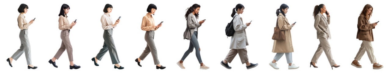PNG Women walking using smartphones, isolated element set, transparent background